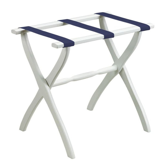 White Folding Luggage Rack With Navy Blue Straps