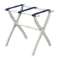 White Folding Luggage Rack With Navy Blue Straps