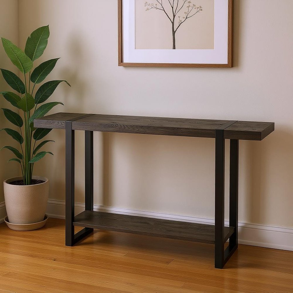 47" Black Wood and Metal Distressed Sled Console Table With Shelf