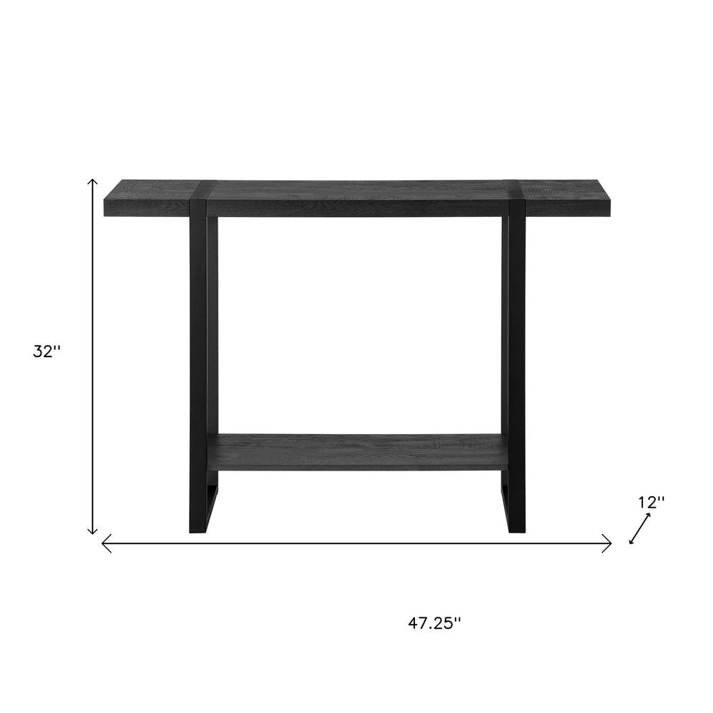 47" Black Wood and Metal Distressed Sled Console Table With Shelf