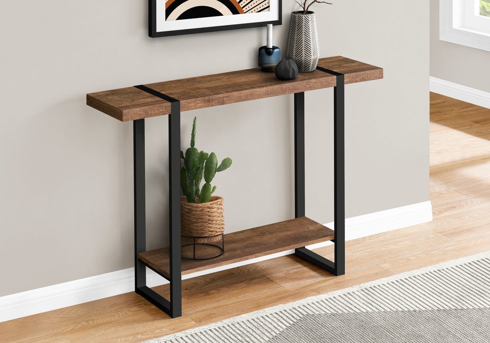 47" Brown and Black Wood and Metal Distressed Sled Console Table With Shelf