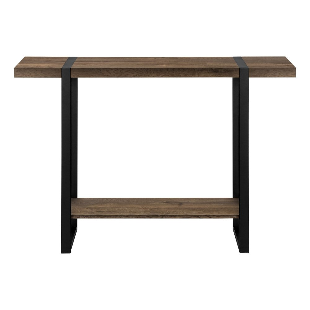47" Brown and Black Wood and Metal Distressed Sled Console Table With Shelf