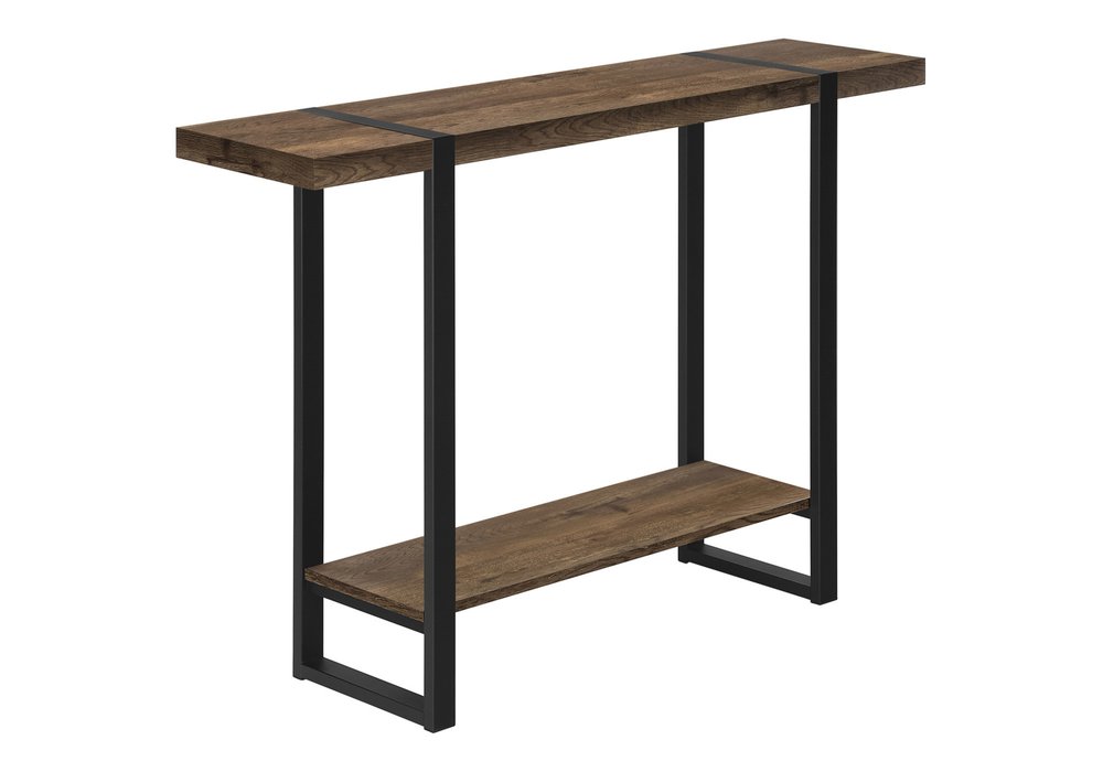 47" Brown and Black Wood and Metal Distressed Sled Console Table With Shelf