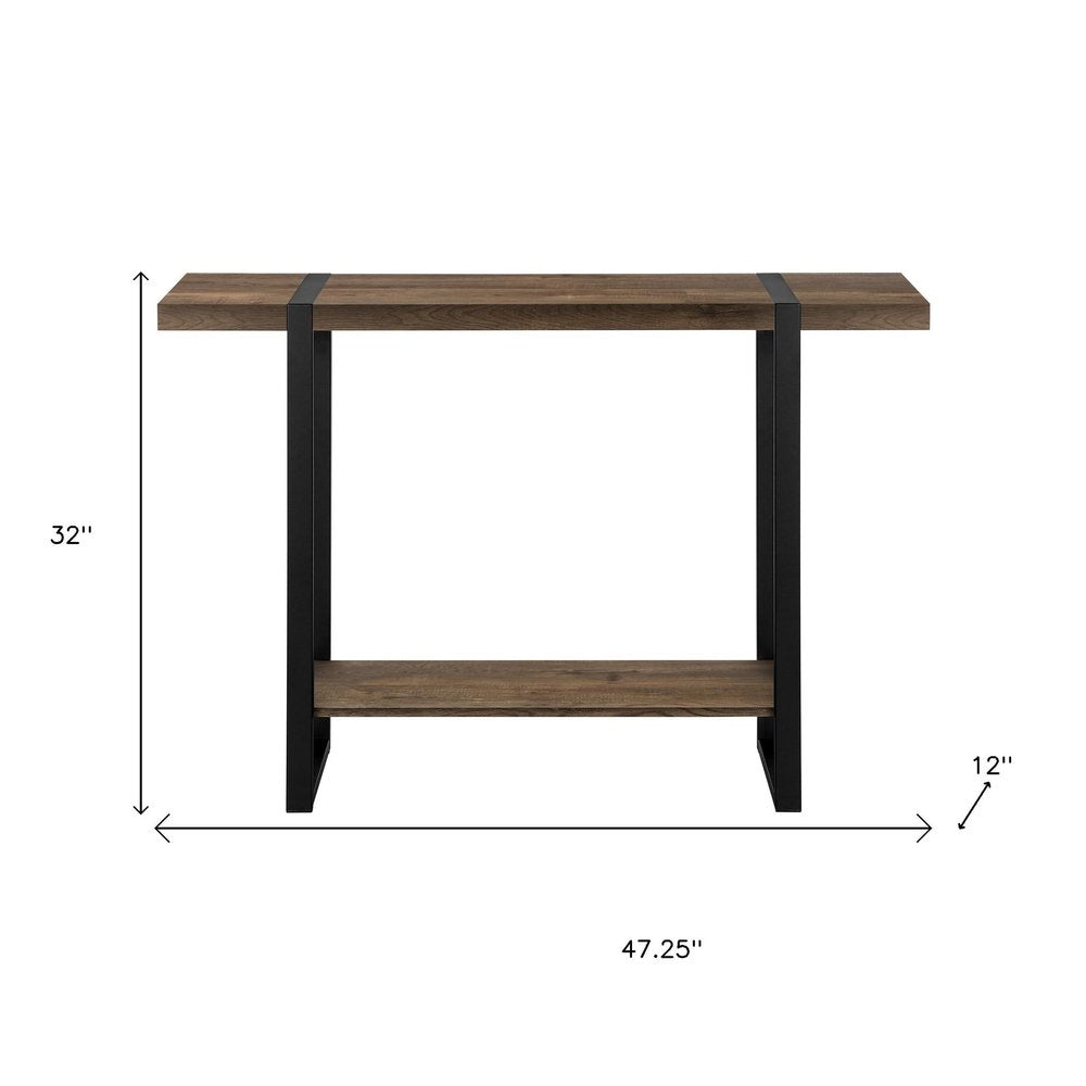 47" Brown and Black Wood and Metal Distressed Sled Console Table With Shelf