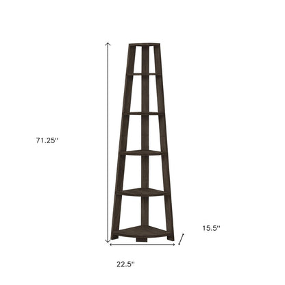 71" Oak Particle Board and Wood Five Tier Corner Bookcase