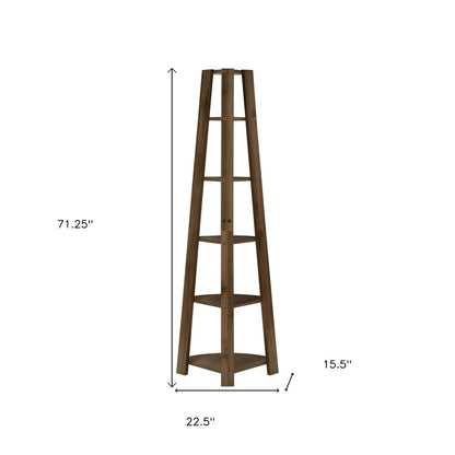71" Dark Brown Wood Five Tier Corner Bookcase