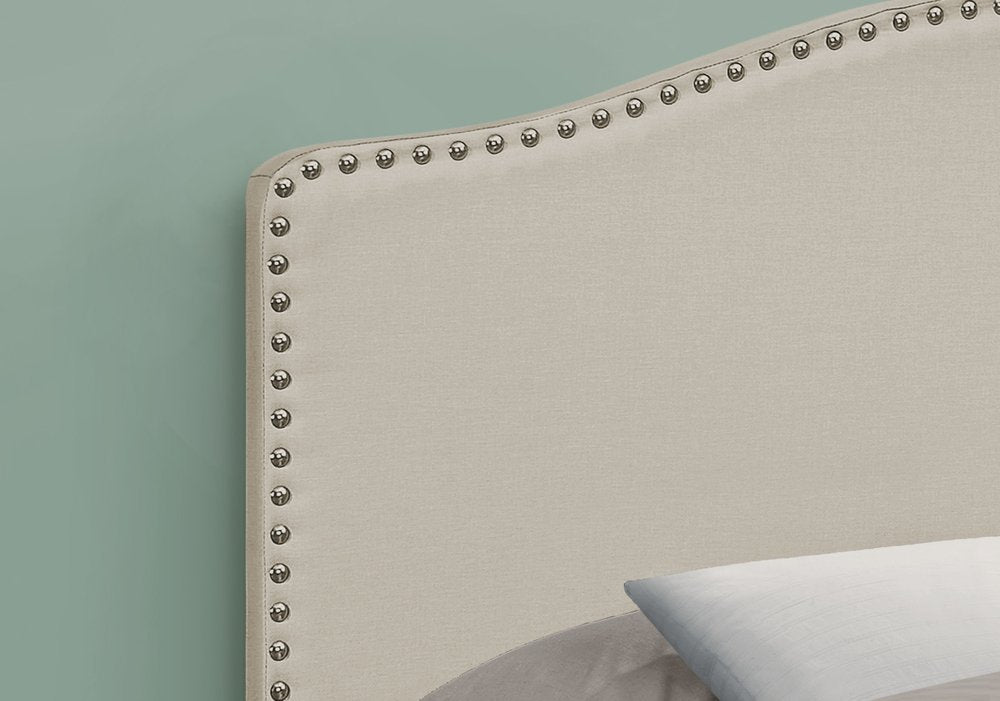 Beige Linen Blend Upholstered Arched Full Headboard With Nail Head Trim