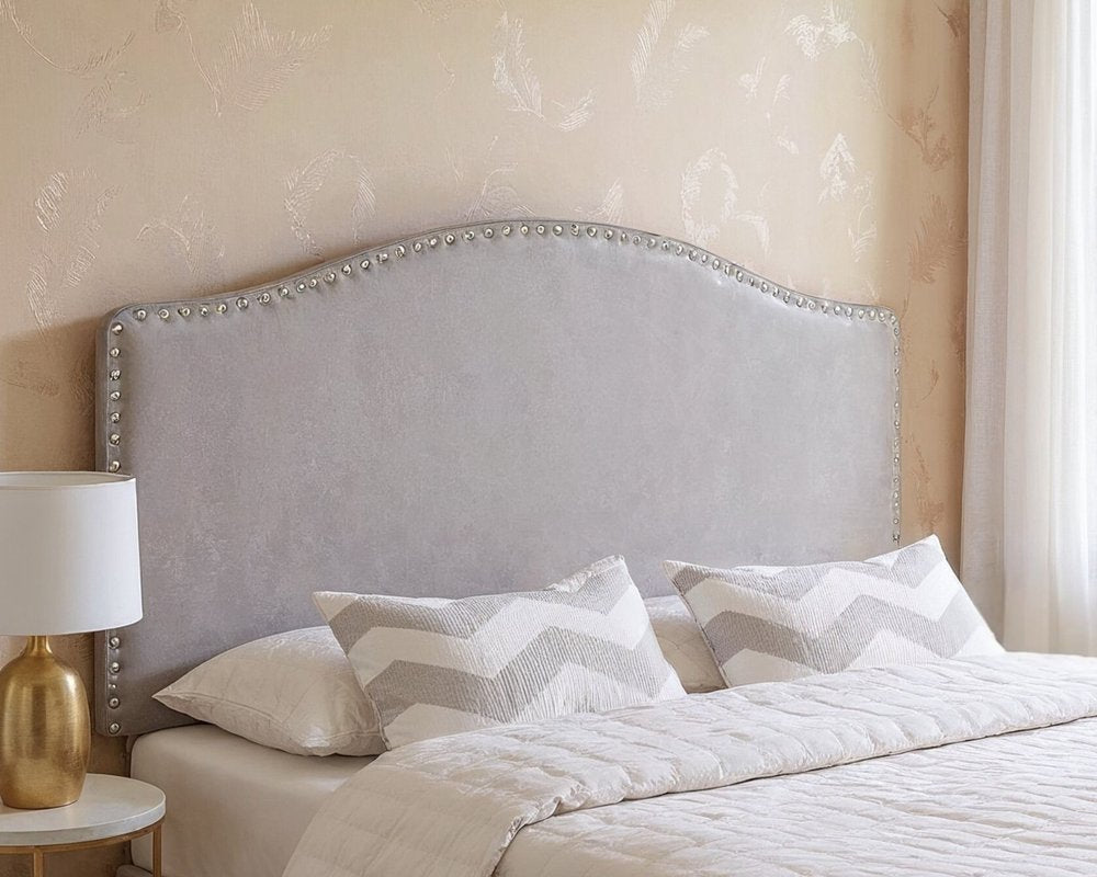 Gray Faux Leather Upholstered Arched Queen Headboard With Nail Head Trim