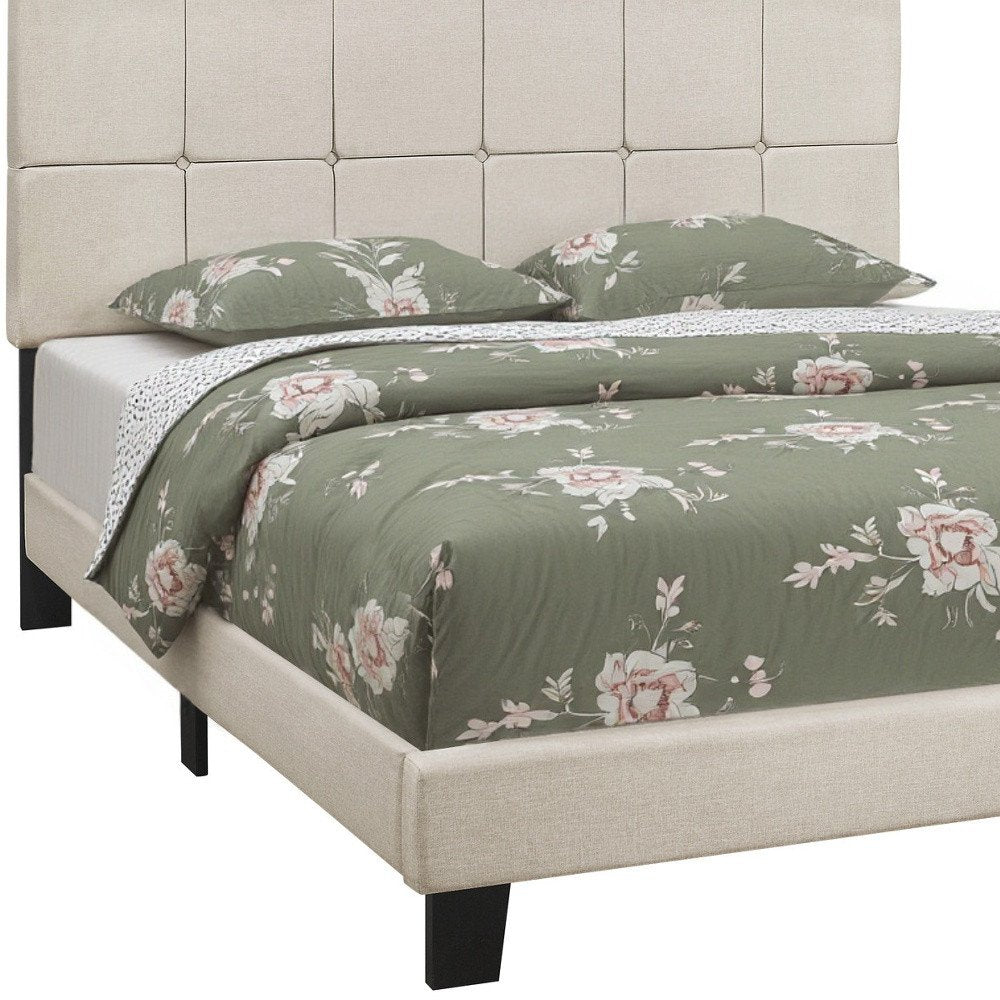 Beige Tufted Linen Queen Bed Frame