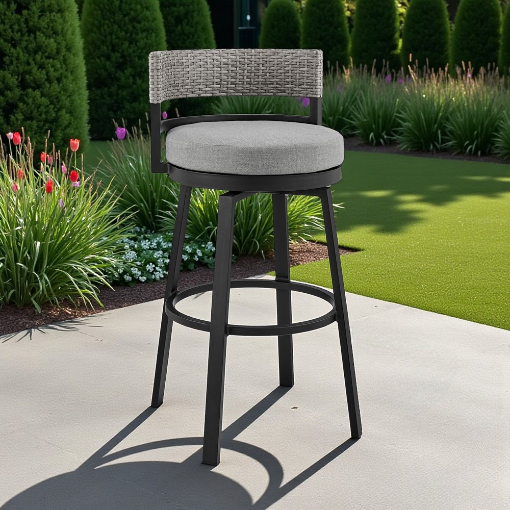 33" Light Gray Metal Swivel Low back Outdoor Bar Height chair with Footrest