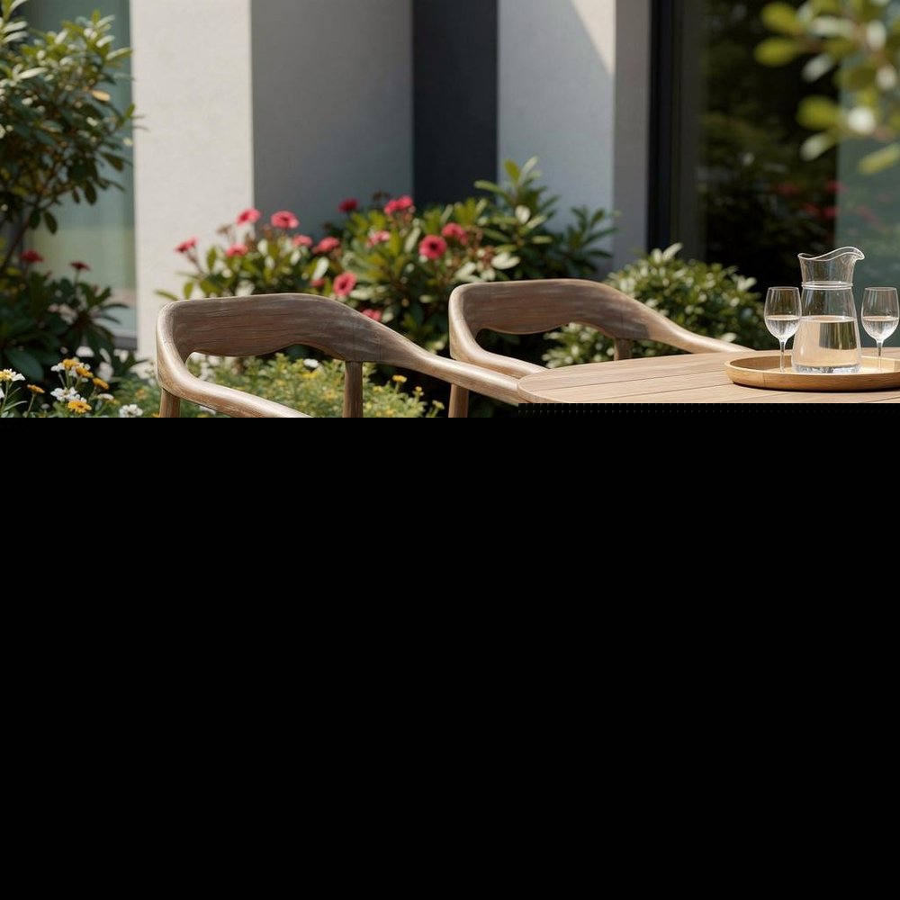 Set of Two 22" Black and Natural Wood Solid Wood Outdoor Dining Chairs