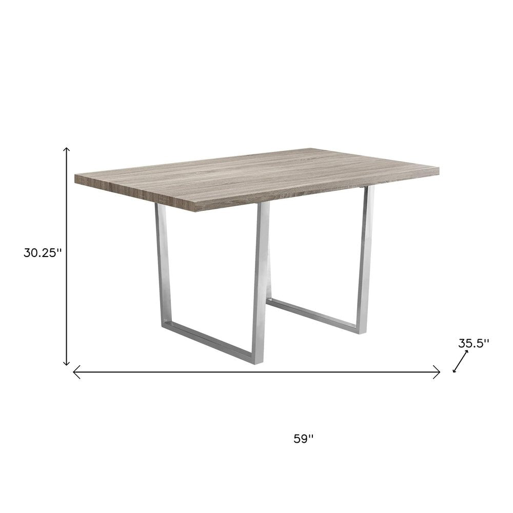 59" Taupe And Silver Solid Wood And Metal Sled Base Dining Table