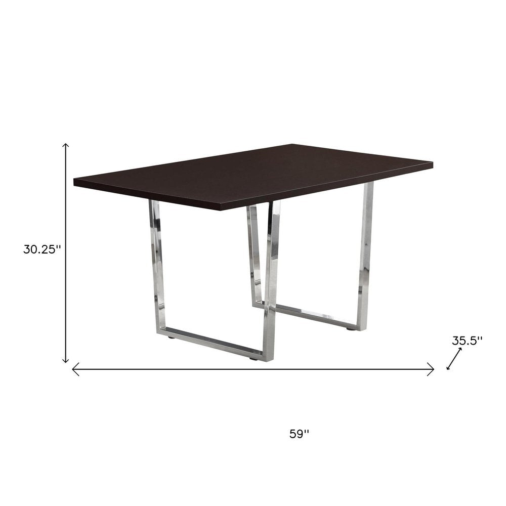 59" Espresso And Silver Solid Wood And Metal Sled Base Dining Table