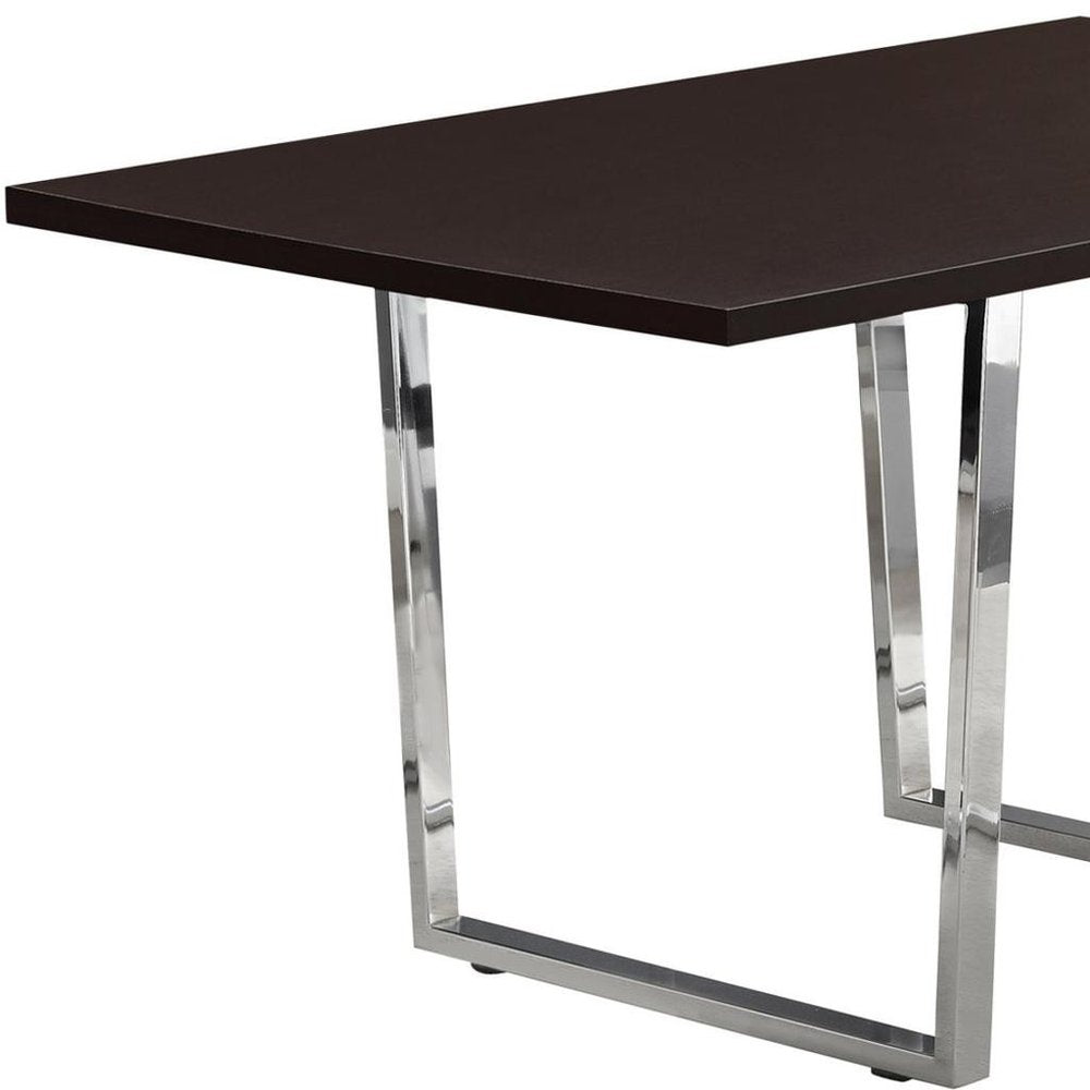 59" Espresso And Silver Solid Wood And Metal Sled Base Dining Table