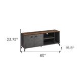 60" Brown And Gray Distressed Reclaimed Wood Enclosed and Open Storage TV Stand