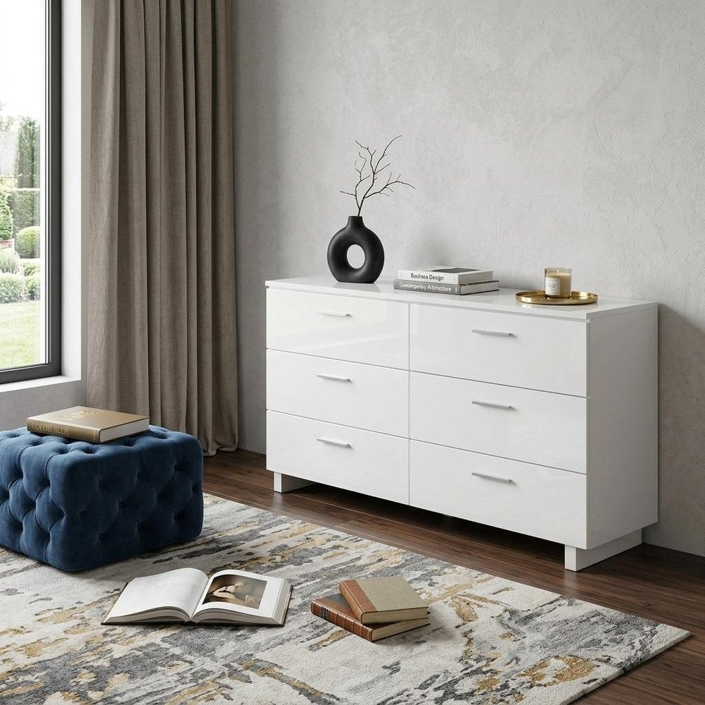 63" White Wood Six Drawer Double Dresser
