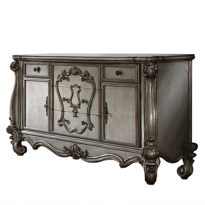 70" Platinum Carved Scrollwork Wood And Polyresin Five Drawer Triple Dresser