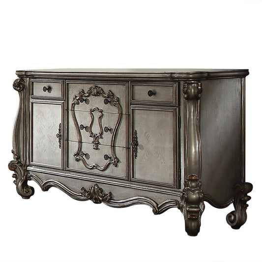 70" Platinum Carved Scrollwork Wood And Polyresin Five Drawer Triple Dresser