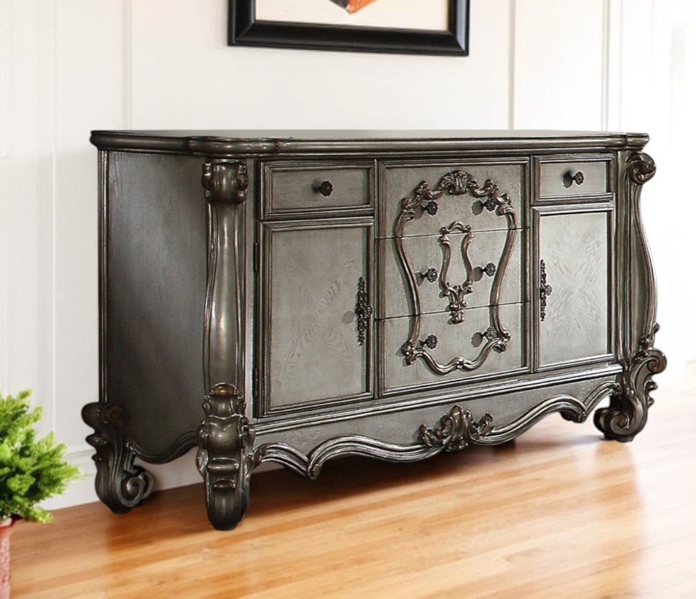 70" Platinum Carved Scrollwork Wood And Polyresin Five Drawer Triple Dresser