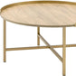 34" Oak and Gold Wood And Metal Round Sled Coffee Table