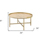 34" Oak and Gold Wood And Metal Round Sled Coffee Table