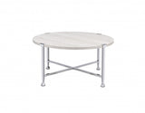36" White and Silver Metal Round Cross Legs Coffee Table