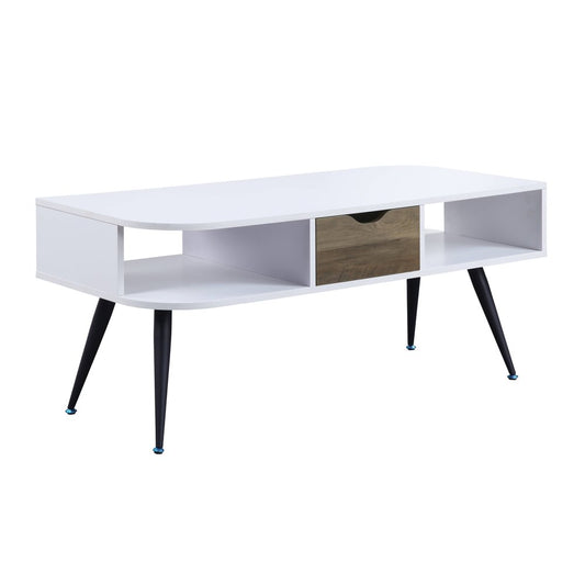 44" White and Black Melamine Veneer And Metal Coffee Table With Drawer And Shelf