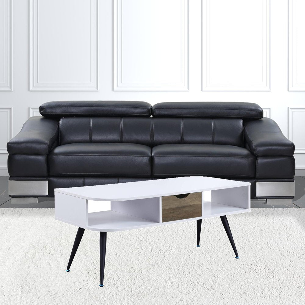 44" White and Black Melamine Veneer And Metal Coffee Table With Drawer And Shelf