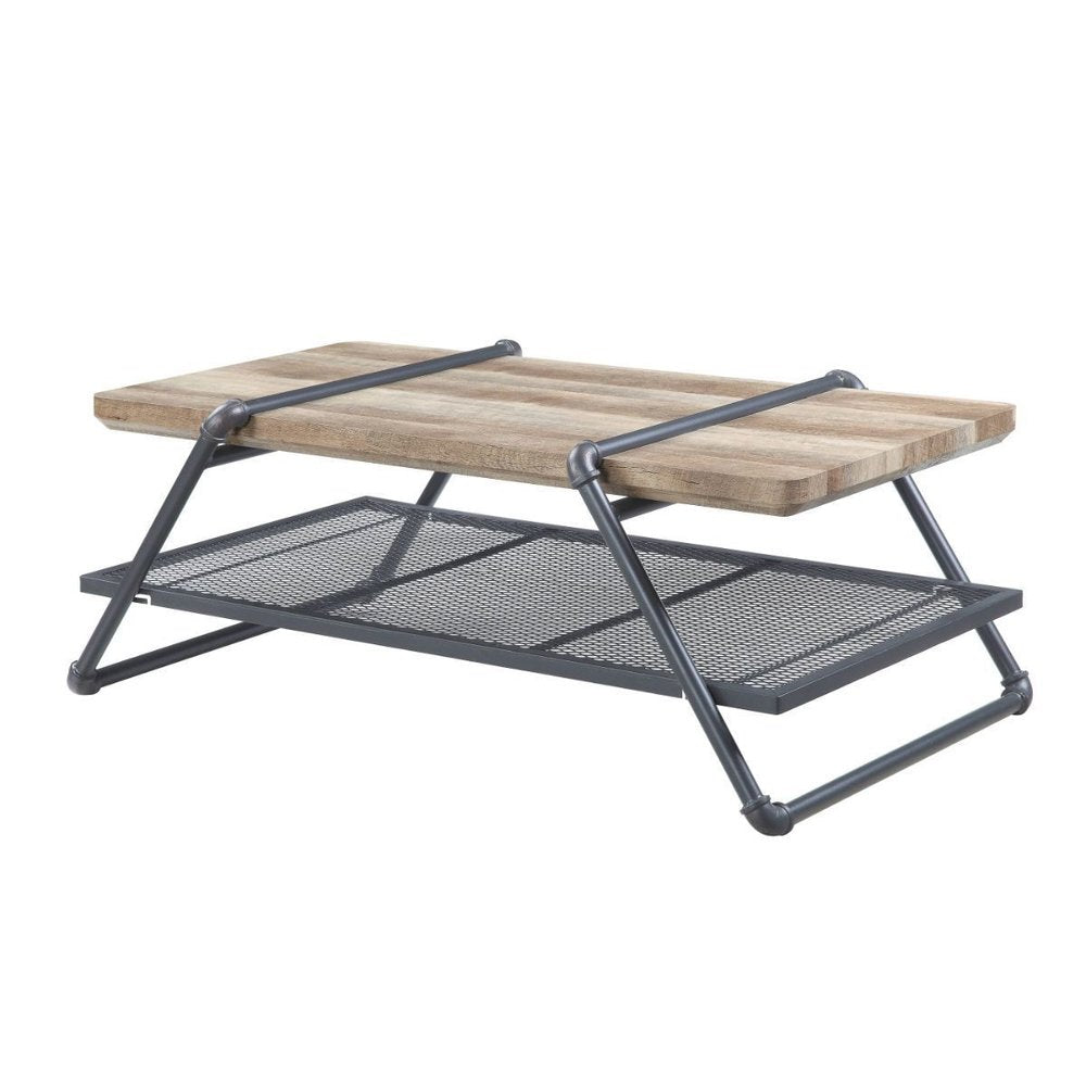 47" Natural and Gray Metal Sled Coffee Table With Shelf