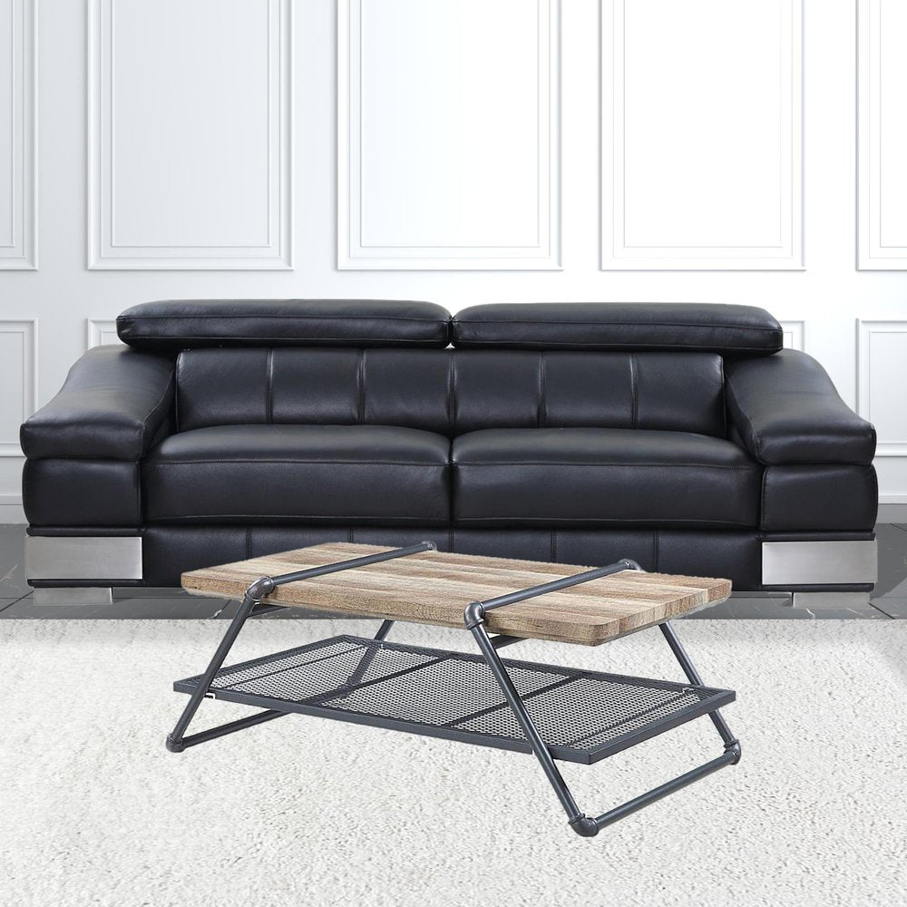 47" Natural and Gray Metal Sled Coffee Table With Shelf