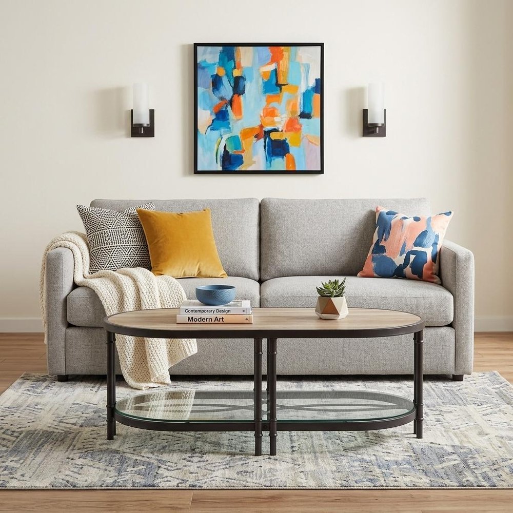 47" Natural Metal Oval Sled Coffee Table With Shelf