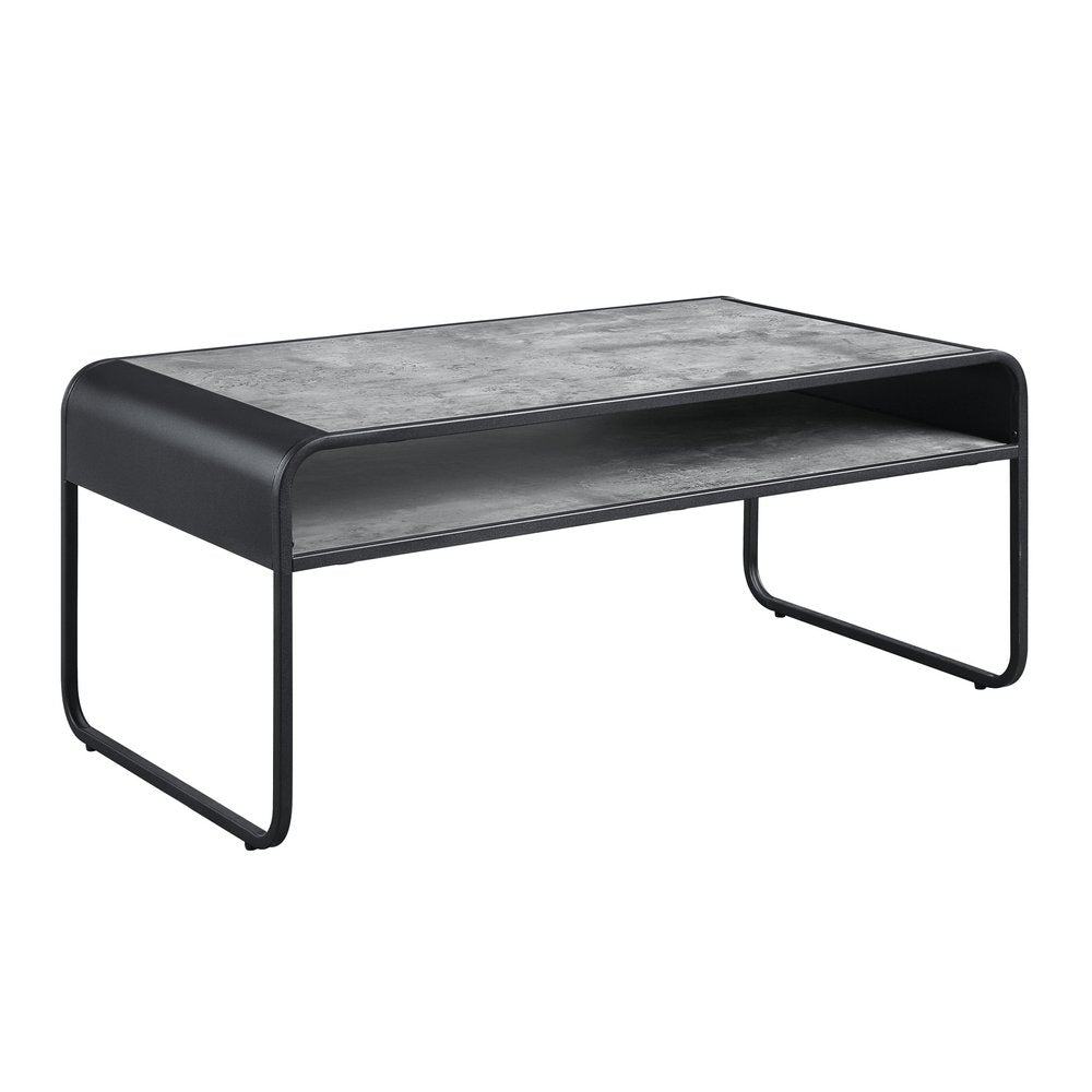 42" Gray and Black Concrete And Metal Sled Coffee Table With Shelf