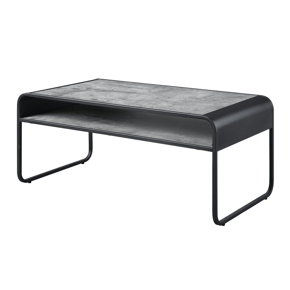 42" Gray and Black Concrete And Metal Sled Coffee Table With Shelf
