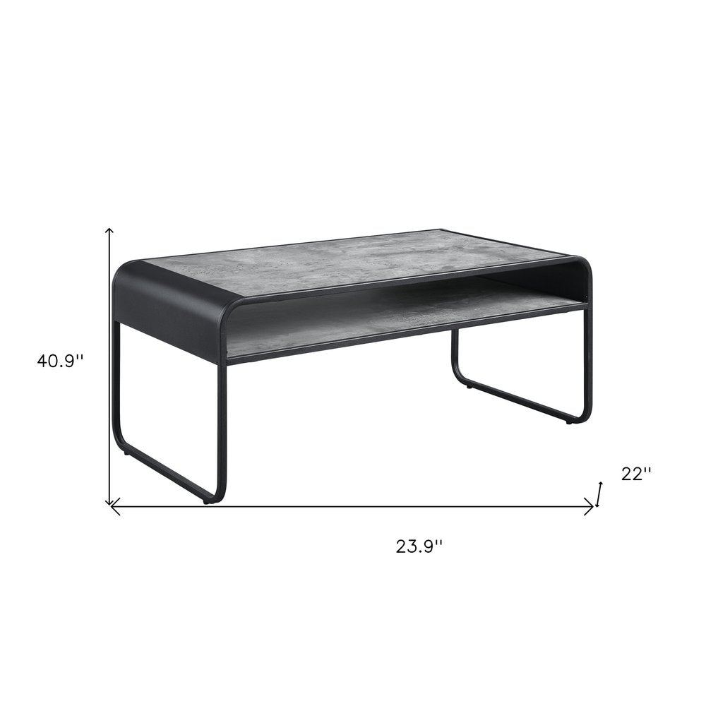 42" Gray and Black Concrete And Metal Sled Coffee Table With Shelf
