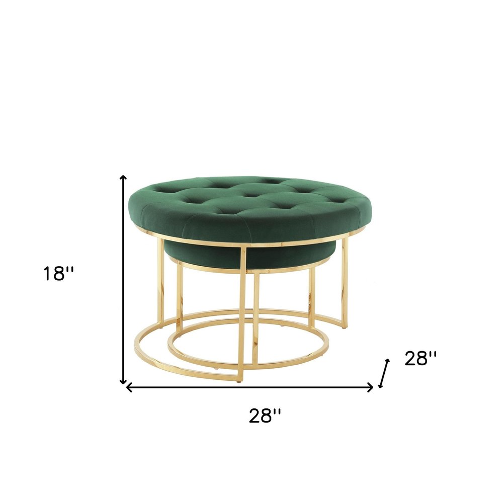 Set of Two Green Velvet and Gold Tufted Round Ottoman