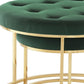 Set of Two Green Velvet and Gold Tufted Round Ottoman
