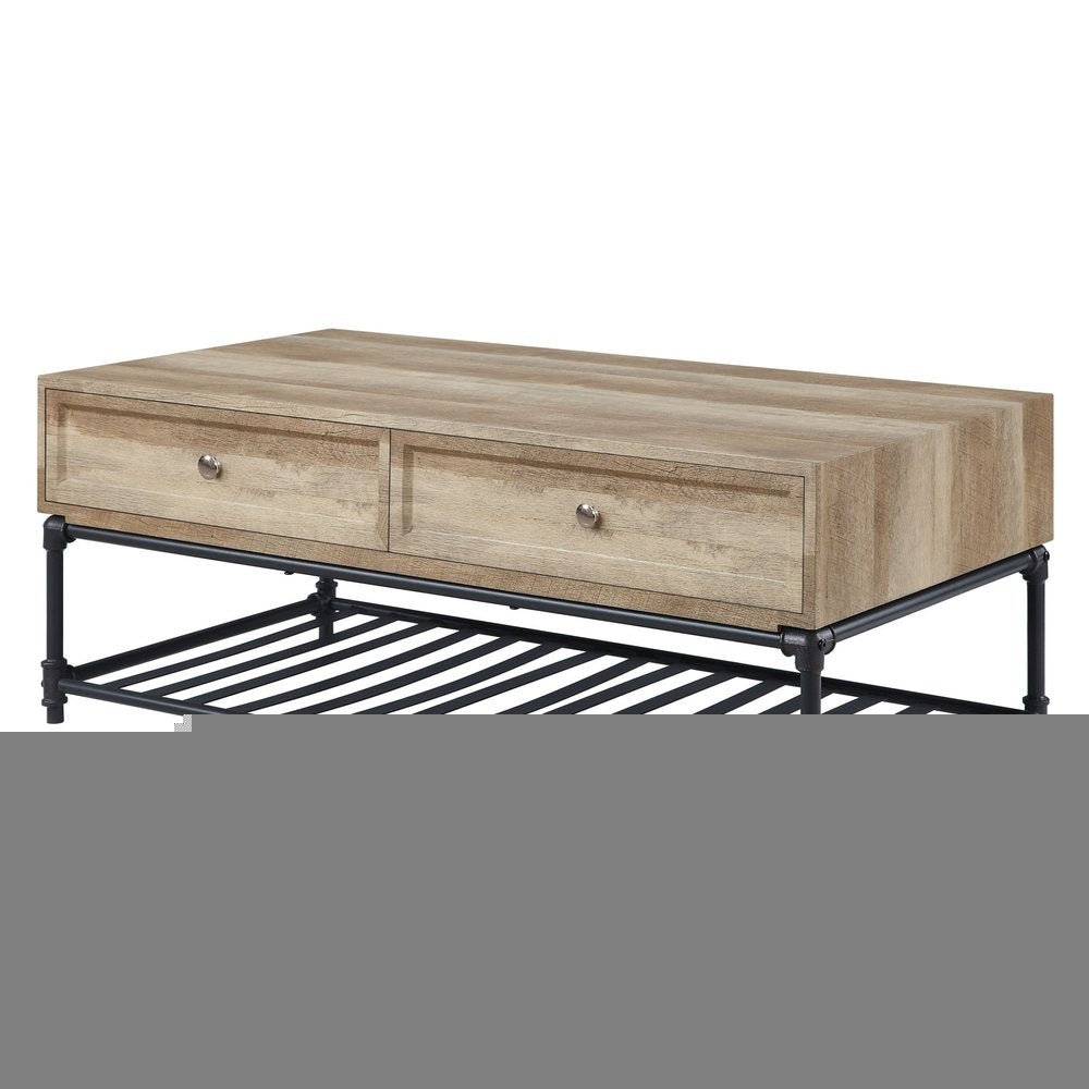 47" Oak and Brown Metal Coffee Table With Two Drawers And Shelf
