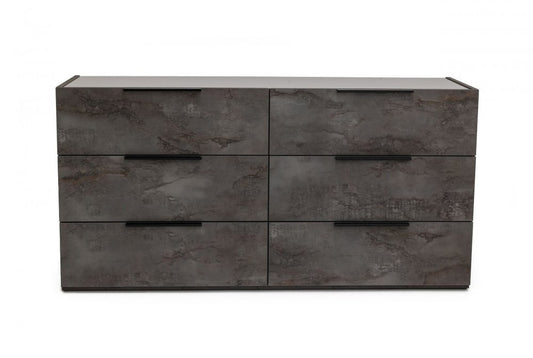 61" Grey Faux Marble Solid Manufactured Wood Six Drawer Double Dresser