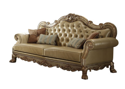 85" Bone Faux Leather Wood Sofa With Toss Pillows