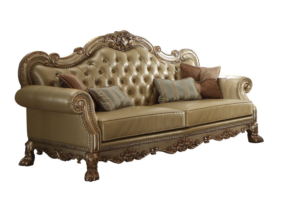 85" Bone Faux Leather Wood Sofa With Toss Pillows