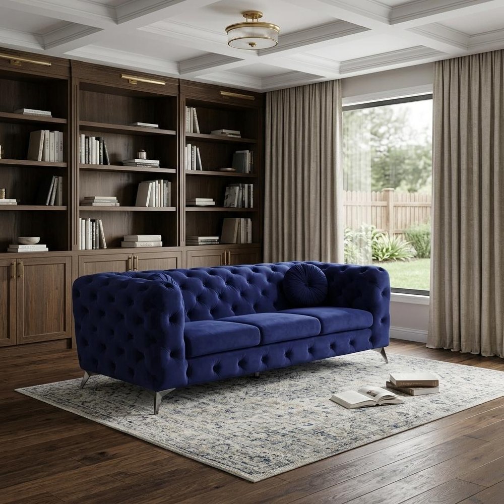 90" Blue Velvet Chesterfield Sofa With Silver Legs