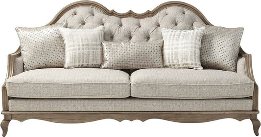 86" Brown And Beige Upholstered Solid Wood Sofa With Toss Pillows