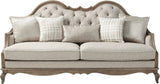 86" Brown And Beige Upholstered Solid Wood Sofa With Toss Pillows