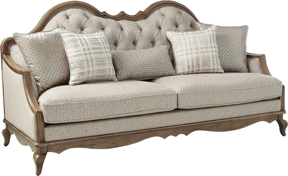 86" Brown And Beige Upholstered Solid Wood Sofa With Toss Pillows