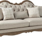 86" Brown And Beige Upholstered Solid Wood Sofa With Toss Pillows