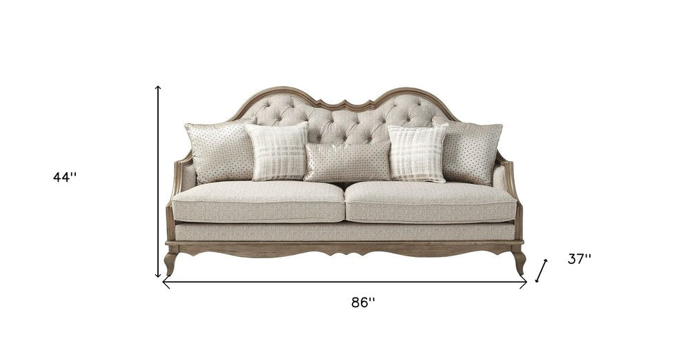 86" Brown And Beige Upholstered Solid Wood Sofa With Toss Pillows