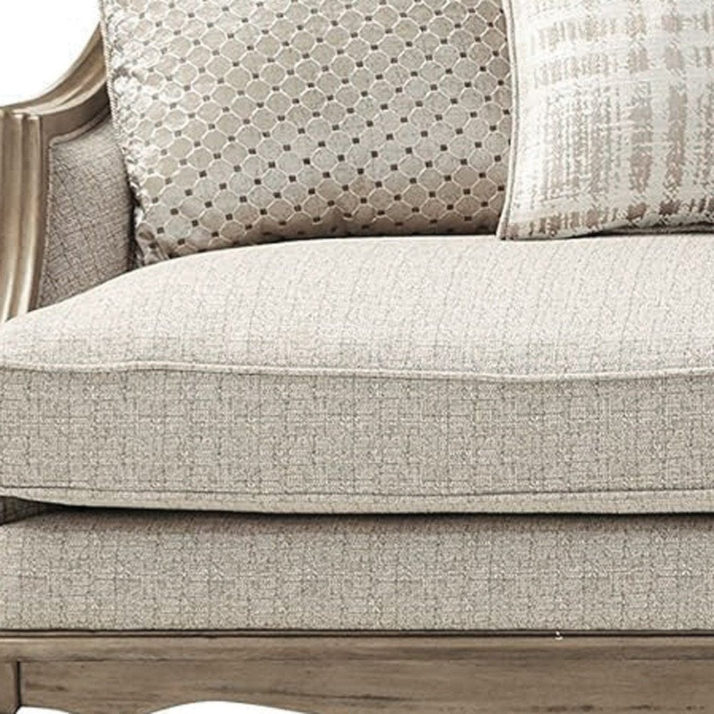 86" Brown And Beige Upholstered Solid Wood Sofa With Toss Pillows