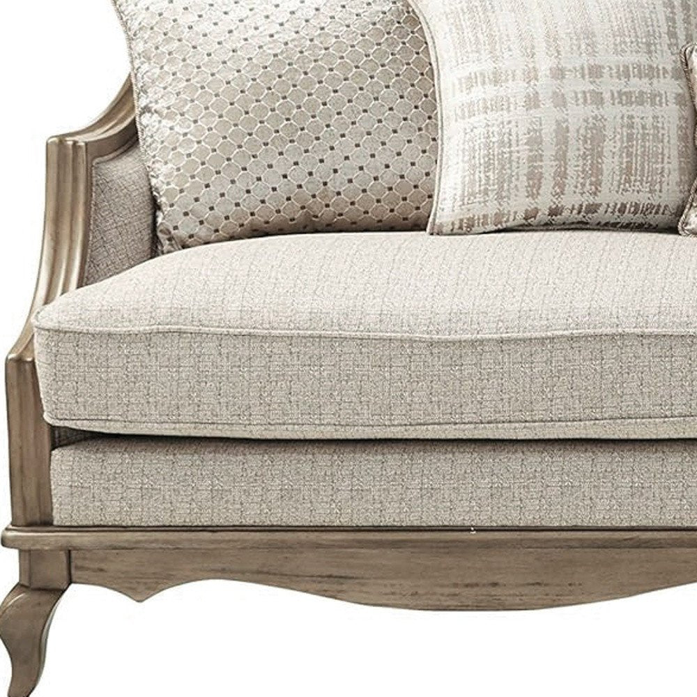 86" Brown And Beige Upholstered Solid Wood Sofa With Toss Pillows