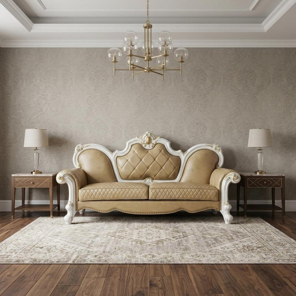 93" Golden Brown Faux Leather Sofa And Toss Pillows With Pearl Legs