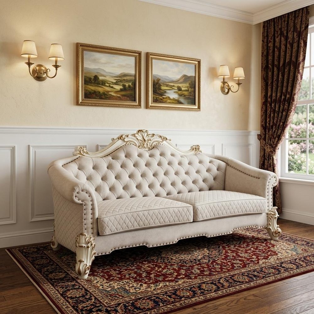89" Ivory Velvet Sofa And Toss Pillows With Pearl Legs